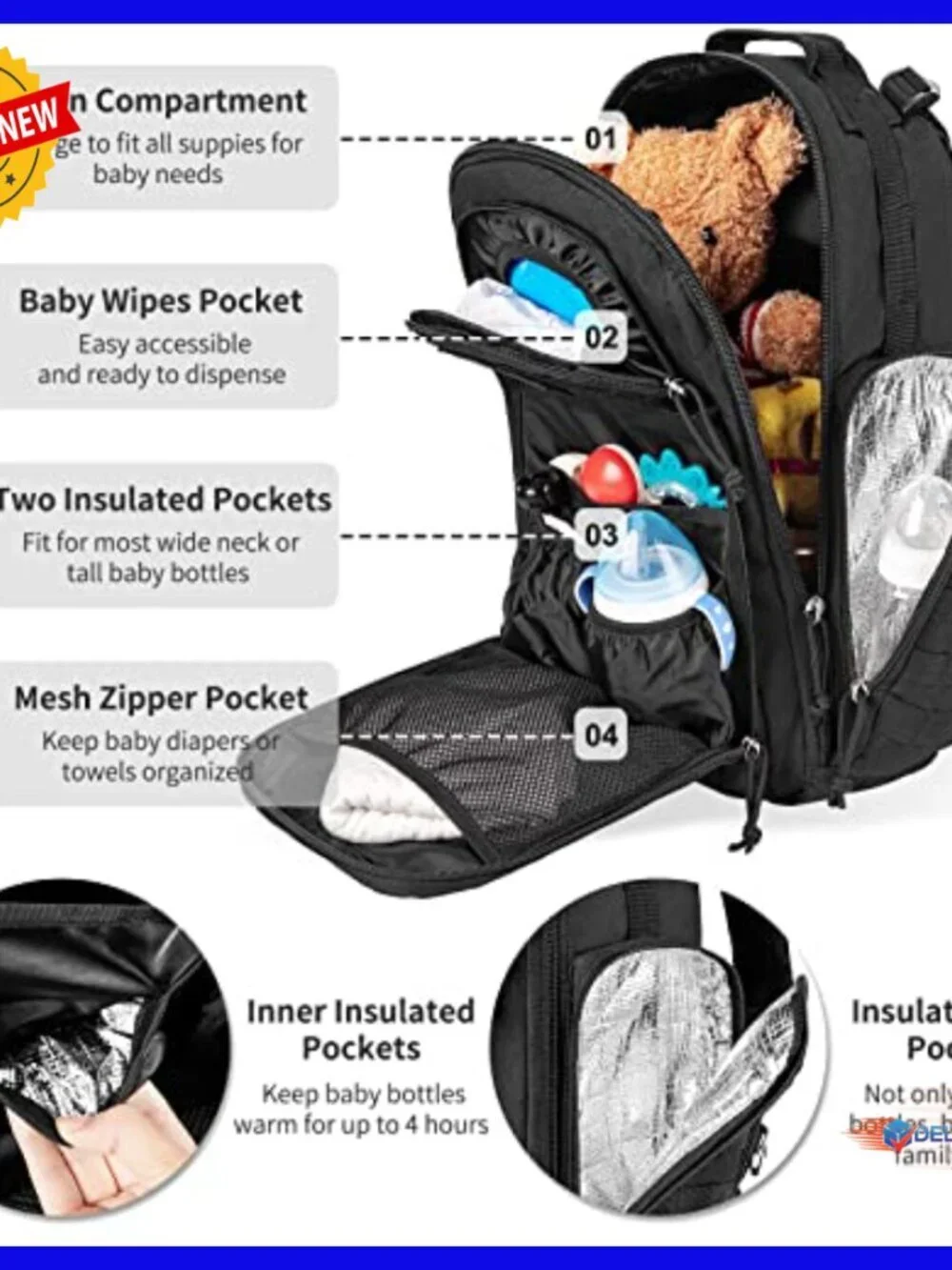 Military Diaper Backpack with Insulated Bottle Pockets, Waterproof, 17 Pockets